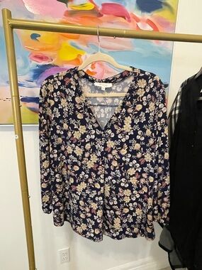 Vince Camuto Navy Floral V-Neck Long Sleeve Blouse Large